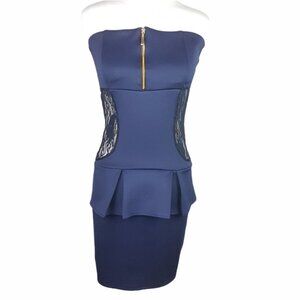 Italian Navy Bodycon Dress Peplum & Lace Detailing
